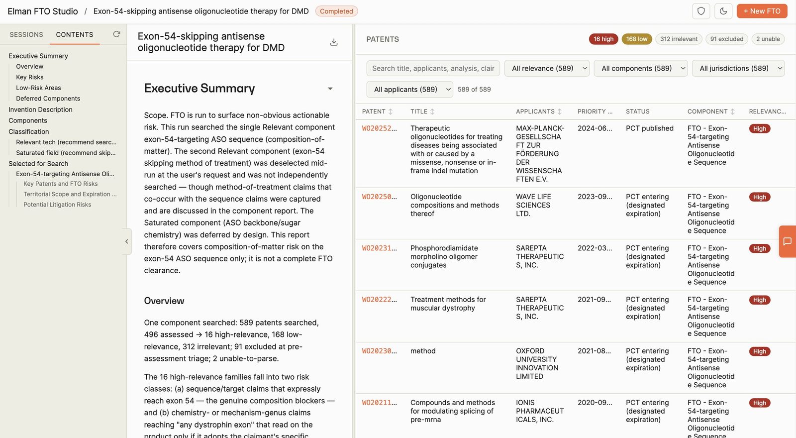 The FTO Studio interface: an analysis document on the left, a per-patent risk table on the right, each row carrying a relevance verdict.